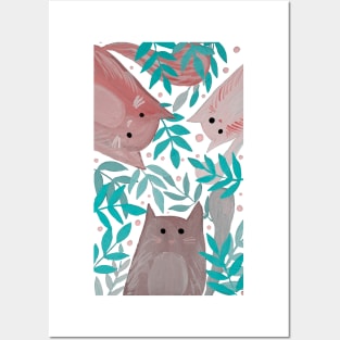 Cats and branches - green and orange Posters and Art